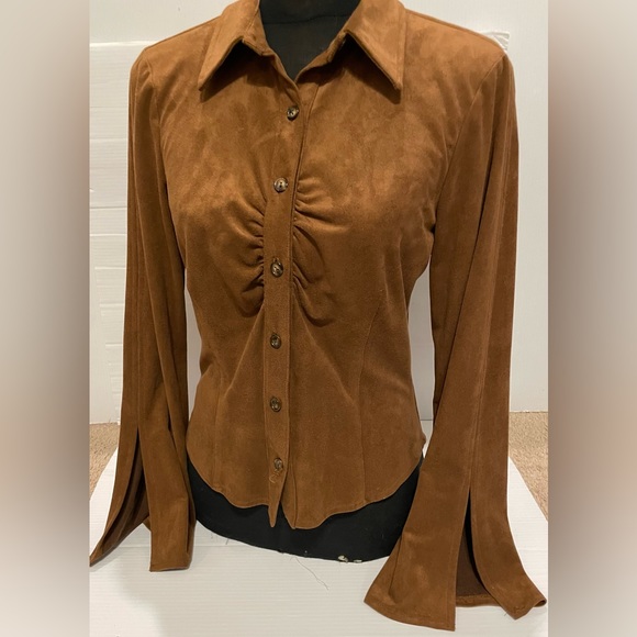 F.L.Malik Women’s Brown L/S Suede Stretch Button Up w/Collar Bell Sleeves Top S - Picture 16 of 16